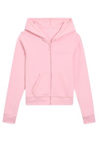 Felpa con zip rosa chiaro realizzata in tessuto morbido, caratterizzata da un design aderente, tasche frontali e cappuccio con cordino e branding discreto.