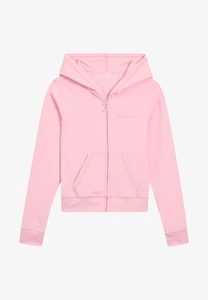Hellrosa Zip-Up Kapuzenjacke aus glattem Stoff mit einer figurbetonten Passform, frontalen Taschen und einer Kapuze mit Kordelzug sowie dezentem Branding.