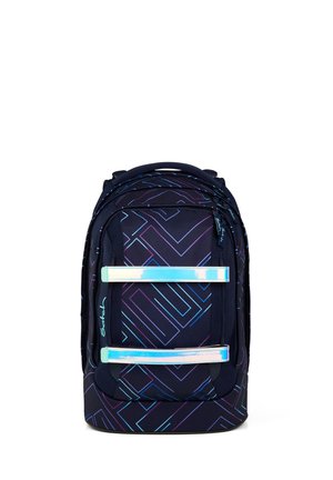 Dark blue backpack with geometric neon lines and two reflective horizontal straps on front pocket.