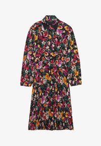 Kukallinen mekko, jossa on musta tausta ja värikkäitä kukkia vaaleanpunaisena, keltaisena ja valkoisena, pitkät hihat ja solmimisniskan muotoilu.