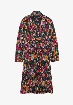 Abito floreale caratterizzato da uno sfondo nero con fiori colorati in rosa, giallo e bianco, maniche lunghe e design con colletto a cravatta.