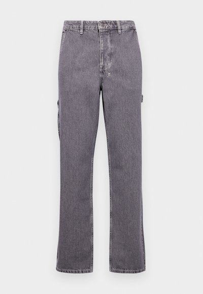 Gray denim pants with a straight leg design, featuring a button and zip fly, belt loops, and side pockets. Smooth texture, minimal detailing.