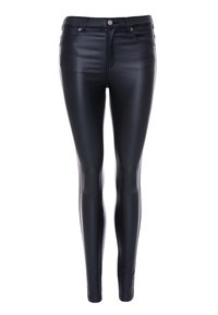 Czarne, wysokowzrostowe wąskie dżinsy z ekologicznej skóry z przednimi kieszeniami, szlufkami na pasek i zapięciem na guzik, o gładkiej, błyszczącej fakturze.