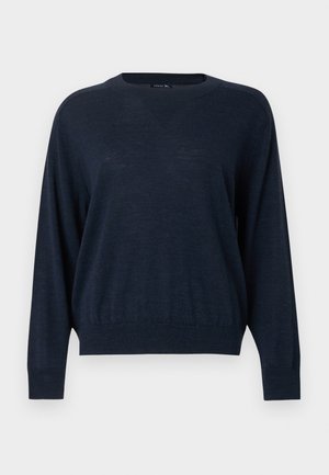 Mørkeblå sweater lavet af letvægtsstof, med rund halsudskæring, lange ærmer og ribbet kant for en afslappet pasform.