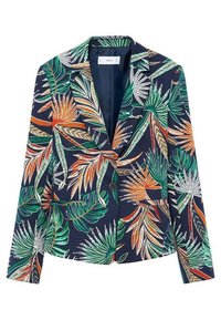 Blazer bleu marine à imprimé feuilles tropicales vibrantes en vert, orange et beige, avec un col à revers cranté et une fermeture avant à un seul bouton.