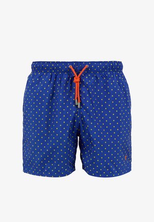 Costume da bagno blu con pois gialli, vita elasticizzata e coulisse arancione. Presenta un piccolo logo sul lato inferiore destro.
