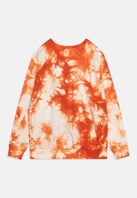Long-sleeve sweatshirt featuring a tie-dye pattern in orange and white. Round neckline with matching orange cuffs and hem. Soft fabric texture.