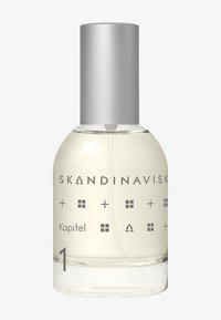 Clear glass bottle with a silver cap, featuring minimalistic graphic elements in gray. Label reads "SKANDINAVISK Kapitel 1."