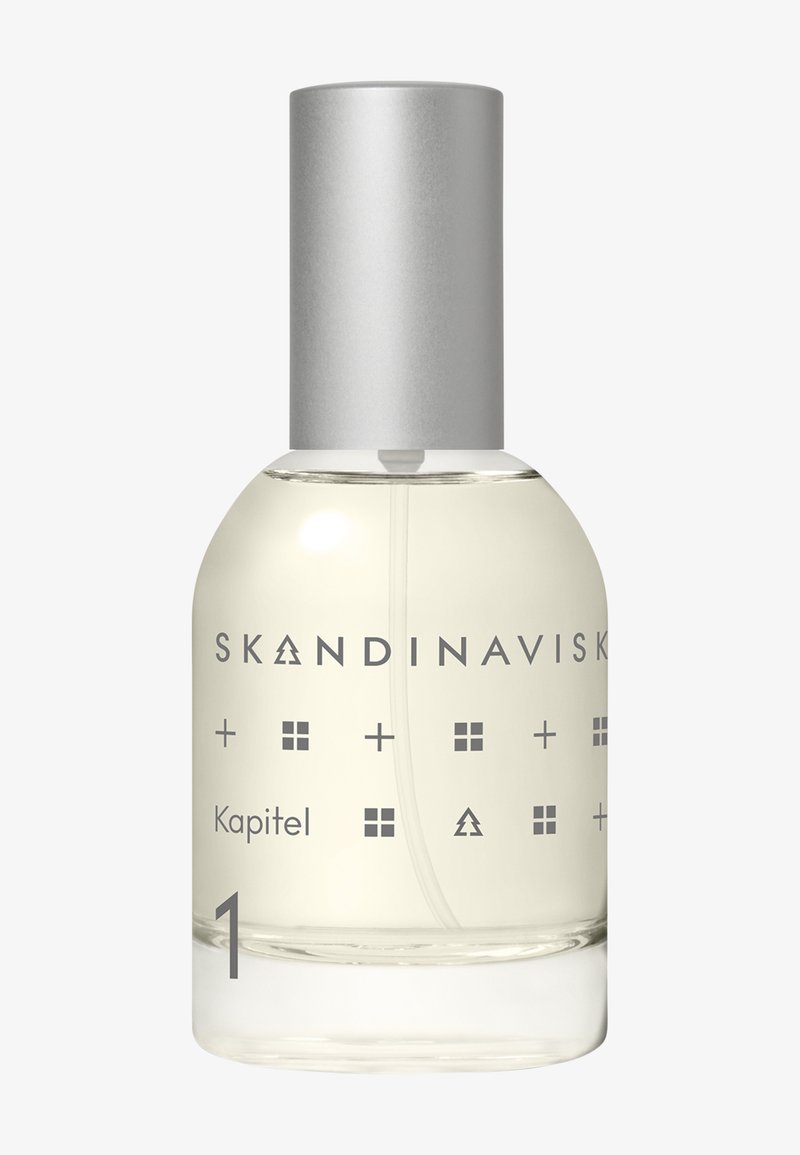 Clear glass bottle with a silver cap, featuring minimalistic graphic elements in gray. Label reads "SKANDINAVISK Kapitel 1."