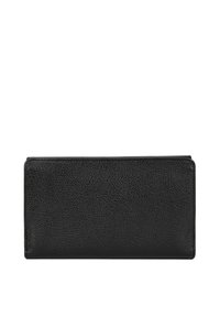 Black leather wallet with a textured surface, rectangular shape, and minimalistic design. Features stitched edges and a smooth finish.