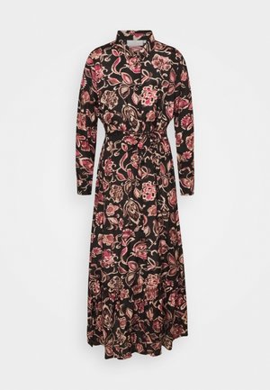 Robe maxi à manches longues noire à motifs floraux roses et beiges, avec boutonnage sur le devant, col et ceinture nouée à la taille.