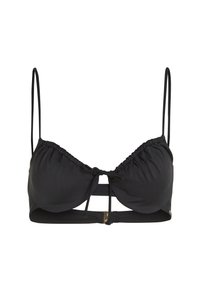 Top di bikini nero con spalline regolabili, tessuto raccolto e dettaglio di fiocco anteriore. Presenta una piccola chiusura metallica sul retro.