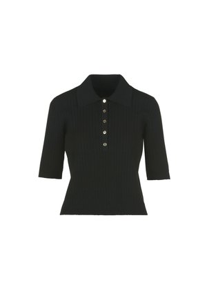 Black short-sleeve polo top with ribbed texture, solid color, and a pointed collar. Features five front buttons for closure.
