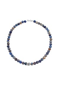 Perlenkette mit runden Steinen in Blau- und Brauntönen, mit einem silbernen Totenkopfakzent und einem Metallverschluss.