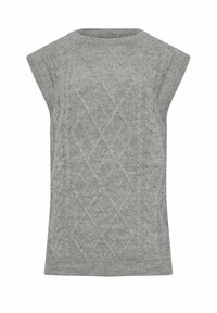Maglione senza maniche grigio a maglia con un motivo a treccia testurizzato, scollatura rotonda e vestibilità comoda con spalle leggermente cadenti.
