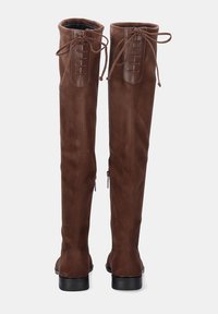 Botas altas de ante marrón hasta la rodilla con detalle de cordones en la parte trasera, tacones bajos negros y cremalleras laterales, mostradas desde la parte posterior sobre un fondo blanco.