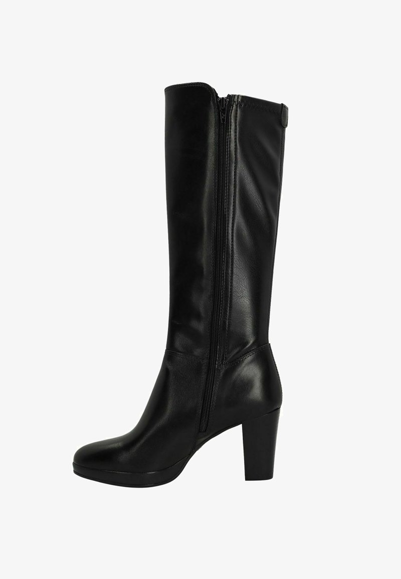 Botte noire en cuir, haute jusqu'au genou, avec un bout rond, une fermeture éclair sur le côté et un talon chunky. Texture lisse et design élégant.