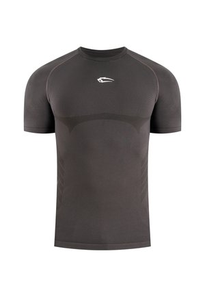 Dunkelgraues, kurzärmeliges Sportshirt mit feinen, strukturierten Mustern und einem kleinen weißen Logo auf der Brust, dargestellt auf weißem Hintergrund.