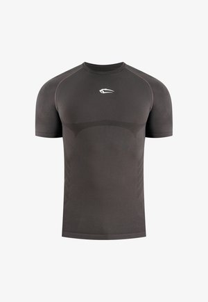 Dark gray short-sleeve athletic shirt with subtle textured patterns and a small white logo on the chest, displayed on a white background.