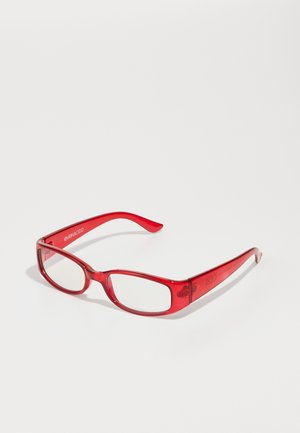 Punane plastikust prillid, millel on ristkülikukujuline raam, selged läätsed ja kitsad käed. Brändi logo "even&odd" on templile sisse pressitud.