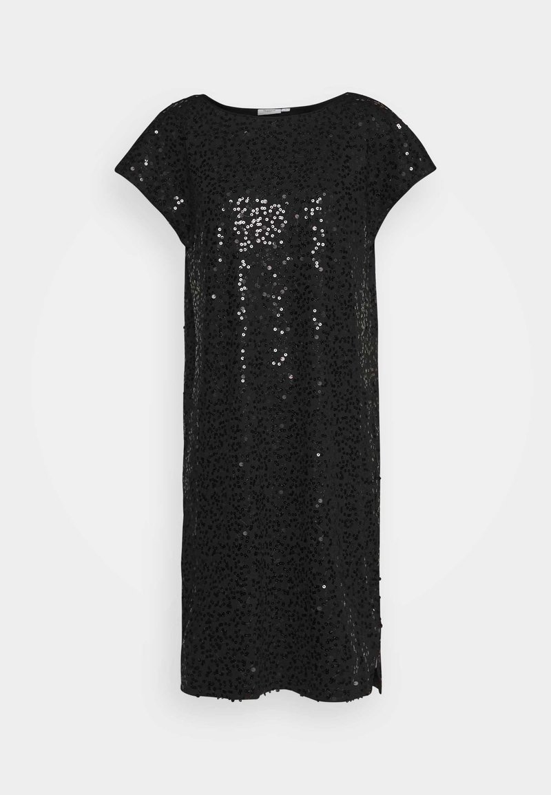 Robe noire mi-longue aux genoux, à manches courtes, ornée de petits sequins noirs et argentés brillants, coupe droite avec un col rond.