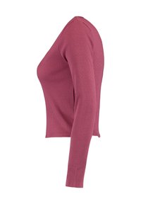Rippstrick-Langarmshirt in Mauve mit einer taillierten Silhouette. Hergestellt aus dehnbarem Stoff, mit einem runden Ausschnitt und weicher Textur.