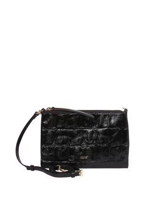 Black patent leather clutch bag with embossed crocodile pattern, gold hardware, zip closure, and detachable strap. Smooth, glossy texture.