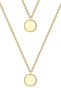 Zlato obarvane plastične verižice z okroglo obeski na nežnih povezavah, s gladko, odsevno površino in enakomernim površinami.