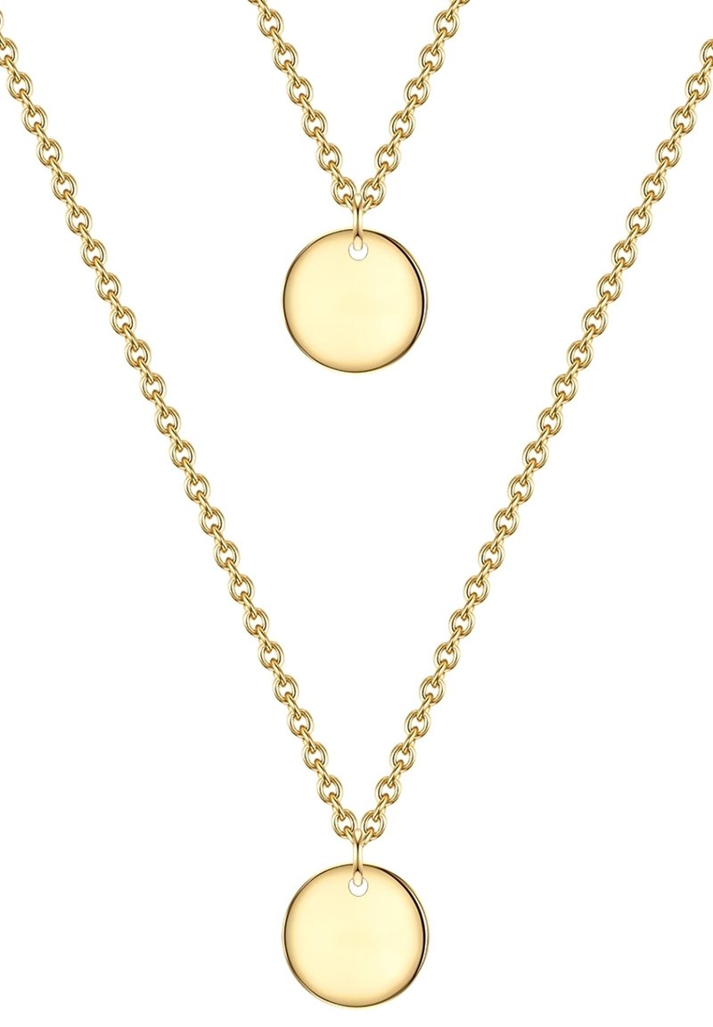 Zlato obarvane plastične verižice z okroglo obeski na nežnih povezavah, s gladko, odsevno površino in enakomernim površinami.