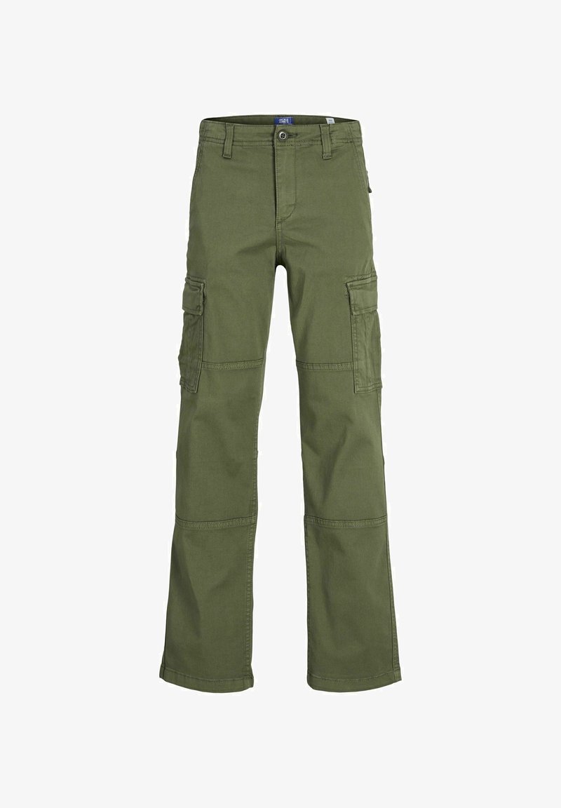 Tartós pamutból készült cargo nadrág, elhalványult olajzöld színben. Több oldalzseb, egyenes szárú szabás és megerősített varrás jellemzi.