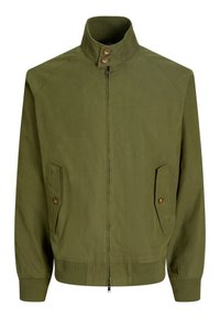 Olive green zip-up jacket with high collar, two front pockets with button flaps, ribbed cuffs, and hem.