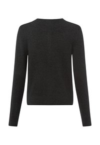 Donkergrijze trui met lange mouwen, een ronde halslijn en een gladde textuur. Heeft een strakke pasvorm, zonder zichtbare patronen of versieringen.