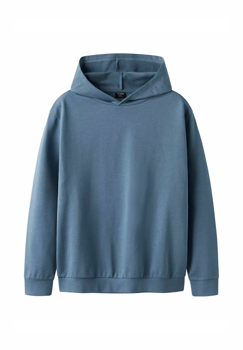 Felpa blu chiaro realizzata in un tessuto morbido, con cappuccio regolabile, maniche lunghe e polsini e orlo a costine. Texture liscia con dettagli minimi.