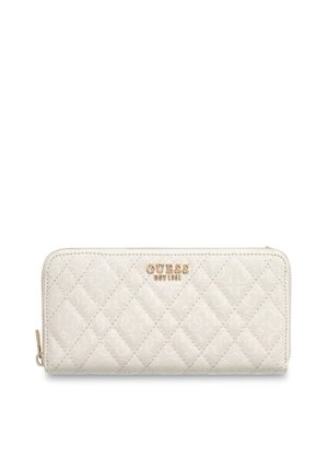 Portefeuille blanc matelassé avec un motif discret de logo embossé, ferrures dorées et fermeture éclair. Forme rectangulaire au design élégant.