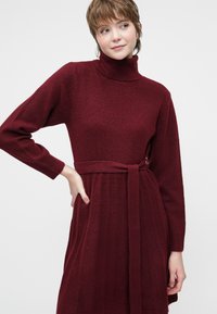 Jauns cilvēks ar īsiem matiem, tērpies bordo turtleneck svārku kleitā ar atbilstošu jostu, pozē ar vienu roku uz gurniem uz balta fona.