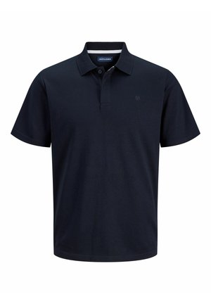 Marineblå kortermet polo med krage, to knappelukking og en liten logo på venstre bryst.