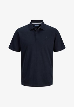 Marineblå kortermet polo med krage, to knappelukking og en liten logo på venstre bryst.