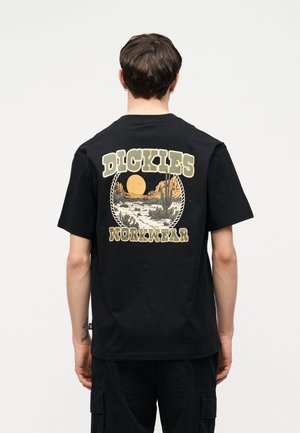 Person med ryggen vendt iført en sort Dickies arbejdst-shirt med ørkenlandskab og solmotiv på ryggen.