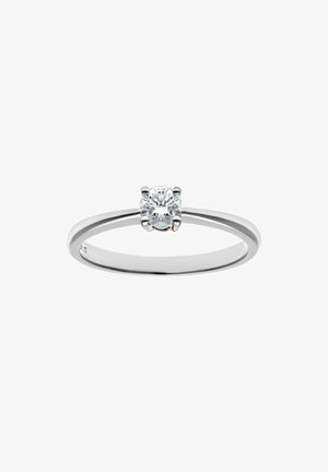 Teemantiga kihlasormus, mille keskmine kivi on ümmargune ja kinnitatud nelja prongiga; peen särav valgest kullast bänd sujuvate servadega.