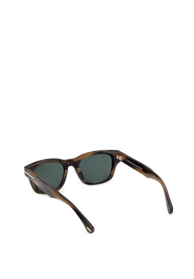 Tortoiseshell rectangular sunglasses with dark lenses, slim arms, and subtle metal detailing near the hinges, shown on white background.