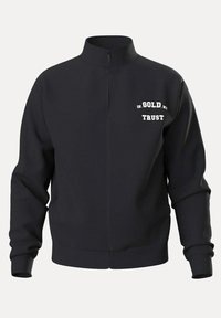 Černá mikina na zip vyrobená z měkkého materiálu. Má stojáčkový límec a bílý potisk textu "V ZLATO VĚŘÍME" na levé části hrudníku.