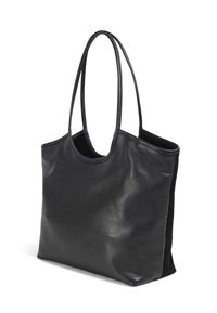 Sac fourre-tout en cuir noir avec double sangle, texture douce, ouverture sur le haut et design simple, offrant un grand intérieur spacieux.