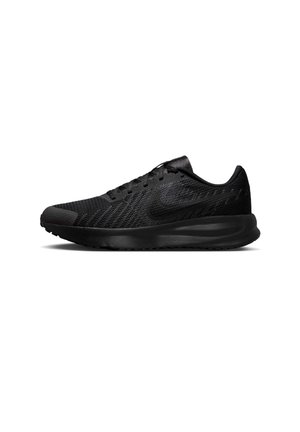 Schwarzer leichter Laufschuh mit Mesh-Obermaterial, Schnürverschluss, gepolsterter Sohle und Nike-Logo an der Seite.