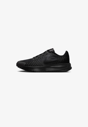 Chaussure de course légère noire avec tige en mesh, fermeture à lacets, semelle rembourrée et logo Nike sur le côté.