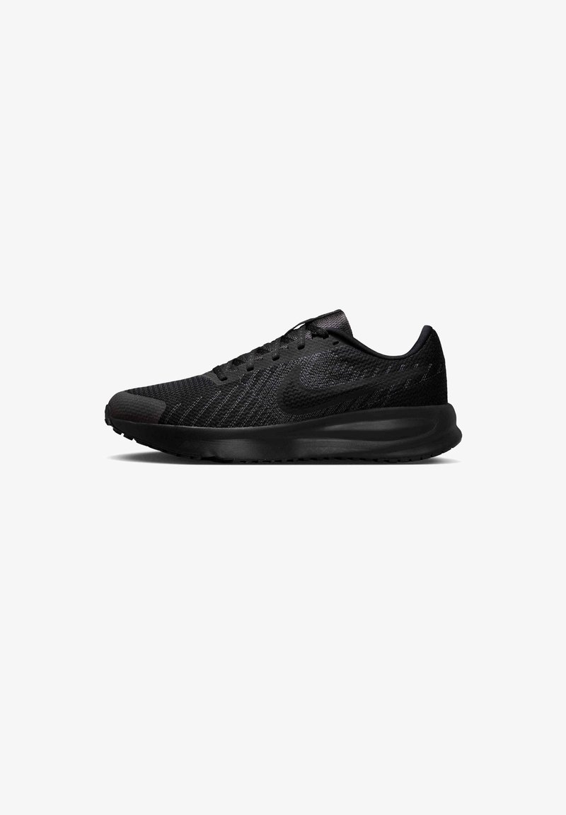 Chaussure de course légère noire avec tige en mesh, fermeture à lacets, semelle rembourrée et logo Nike sur le côté.