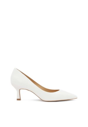 White patent leather high-heeled shoe with a pointed toe and a medium block heel. Smooth texture, simple design, and no visible embellishments.