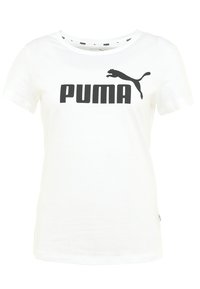 Biały bawełniany T-shirt z dużym czarnym logo "PUMA" i sylwetką skaczącego pumy. Okrągły dekolt i krótkie rękawy. Gładka faktura.