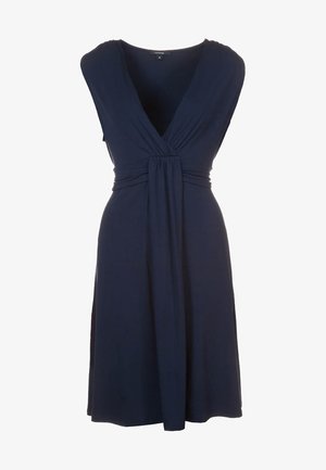 Marineblaue ärmellose Kleid mit tiefem V-Ausschnitt, gerafftem Stoff an der Taille, fließendem A-Linien-Rock, gefertigt aus weichem, leichtem Material.