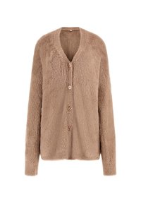 Cardigan beige morbido con scollo a V, cinque bottoni, maniche lunghe e una consistenza soffice. Notevole per il suo materiale peloso e la vestibilità rilassata.