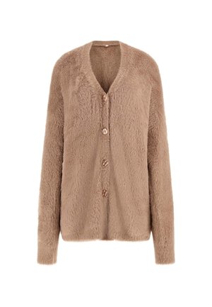 Fuzzy beige cardigan met een V-hals, vijf knopen, lange mouwen en een zachte textuur. Kenmerkend door het pluizige materiaal en de relaxte pasvorm.